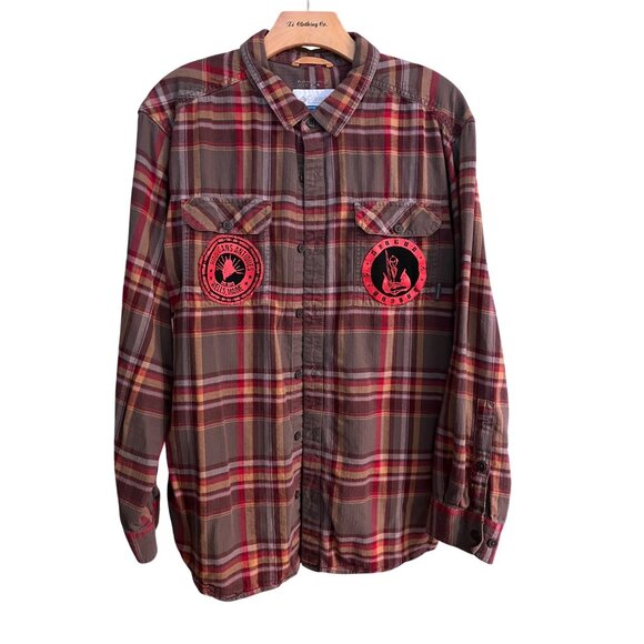 Mens Columbia Red Plaid Flannel Shirt W/ Nostos MMA Graphic & Patches XL - Picture 1 of 4